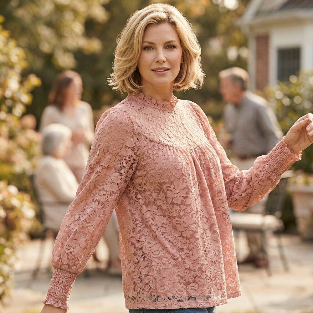 Cable & Gauge Lace Blouse Pink Ruffle Neck Prairie Coquette Long Sleeve M Flowy